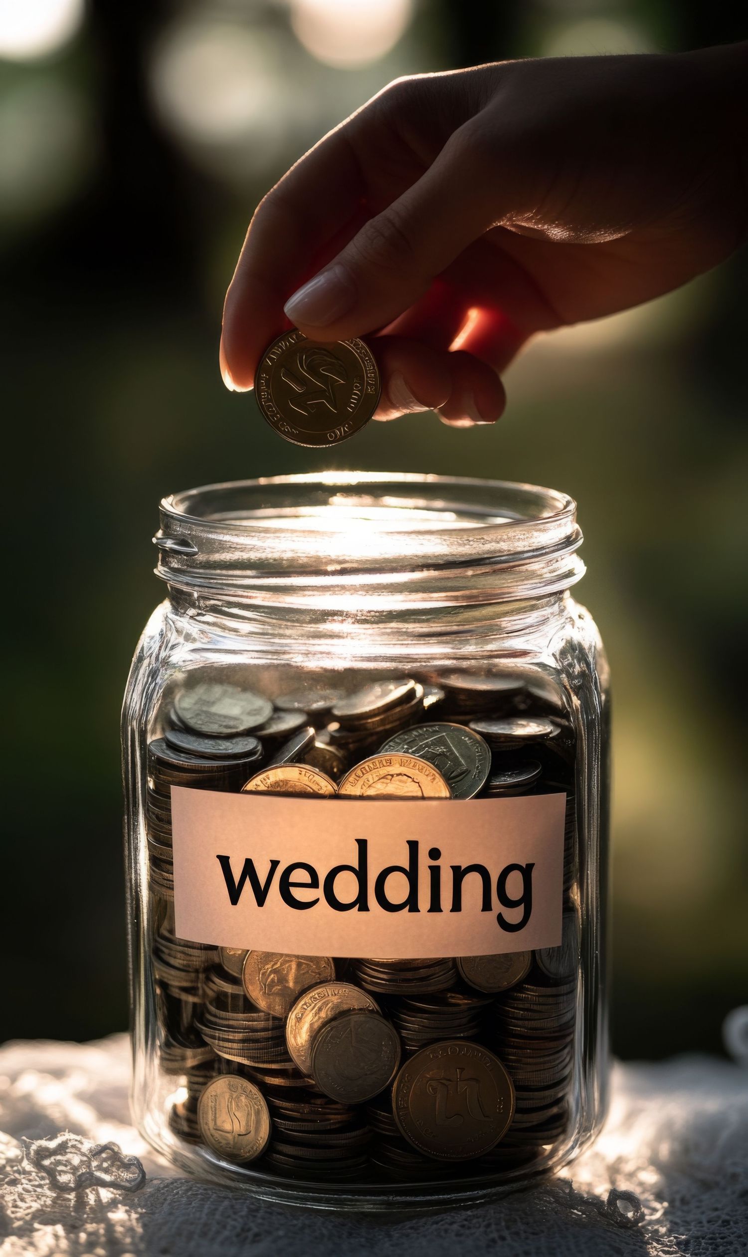 Hand dropping coin into glass jar labeled wedding filled with coins for saving wedding fund savings.