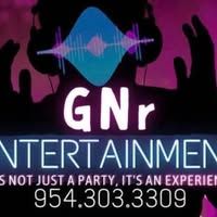 GNr Entertainment colorful DJ logo with contact number 954.303.3309 and tagline its an experience.