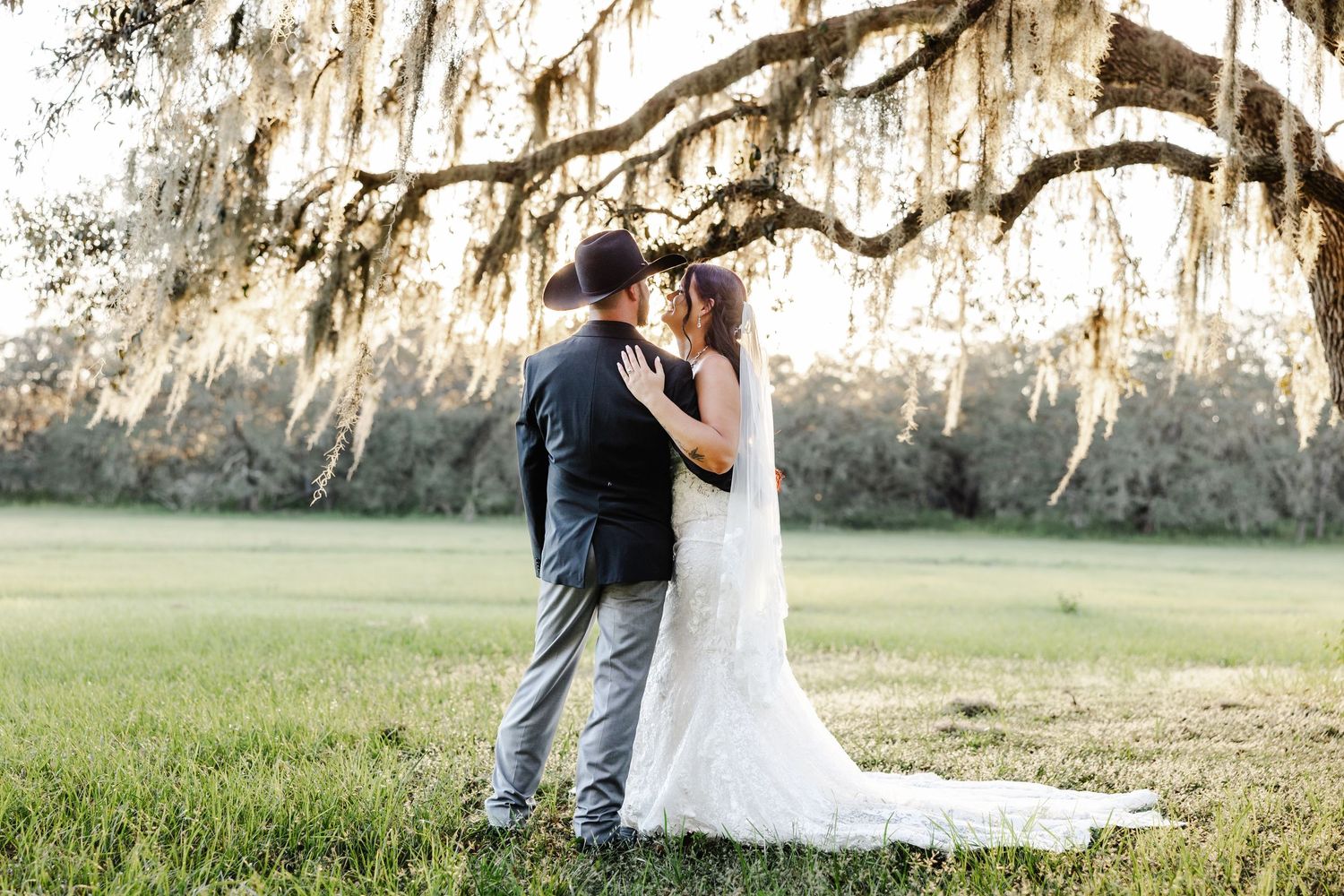 Bride and groom embrace under sweeping Spanish moss oak trees in a sunlit open field at sunset.