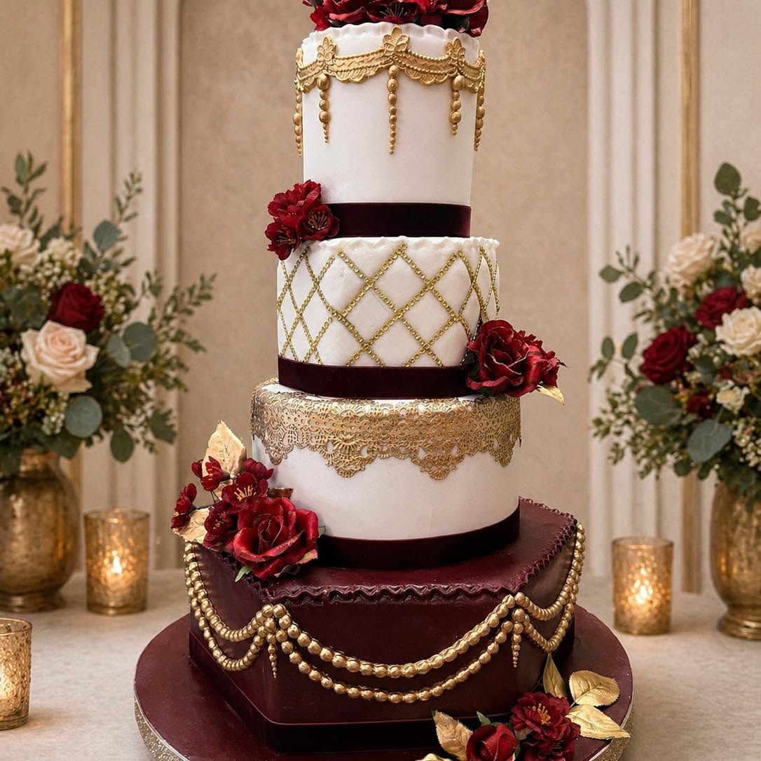 Elegant four-tier wedding cake with burgundy and white fondant, gold lace details, and red roses on a decorated table.
