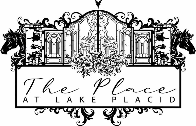 Black and white ornate gate logo for The Place at Lake Placid venue featuring horses and floral details.