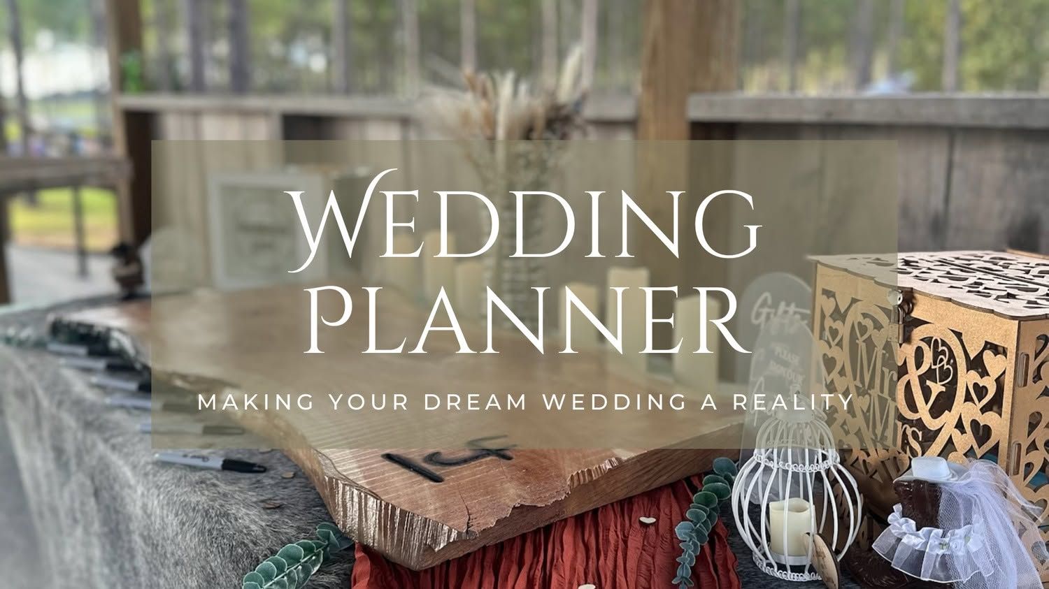 Wedding planner promotional image with elegant table decor and text making your dream wedding a reality.