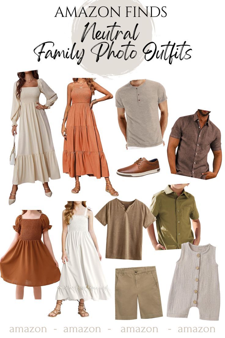Amazon neutral family photo outfit ideas featuring earthy tones, maxi dresses, and casual separates.