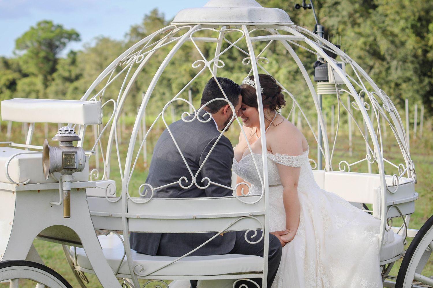 Bride and groom sharing a romantic kiss inside a white ornate Cinderella carriage at outdoor wedding.
