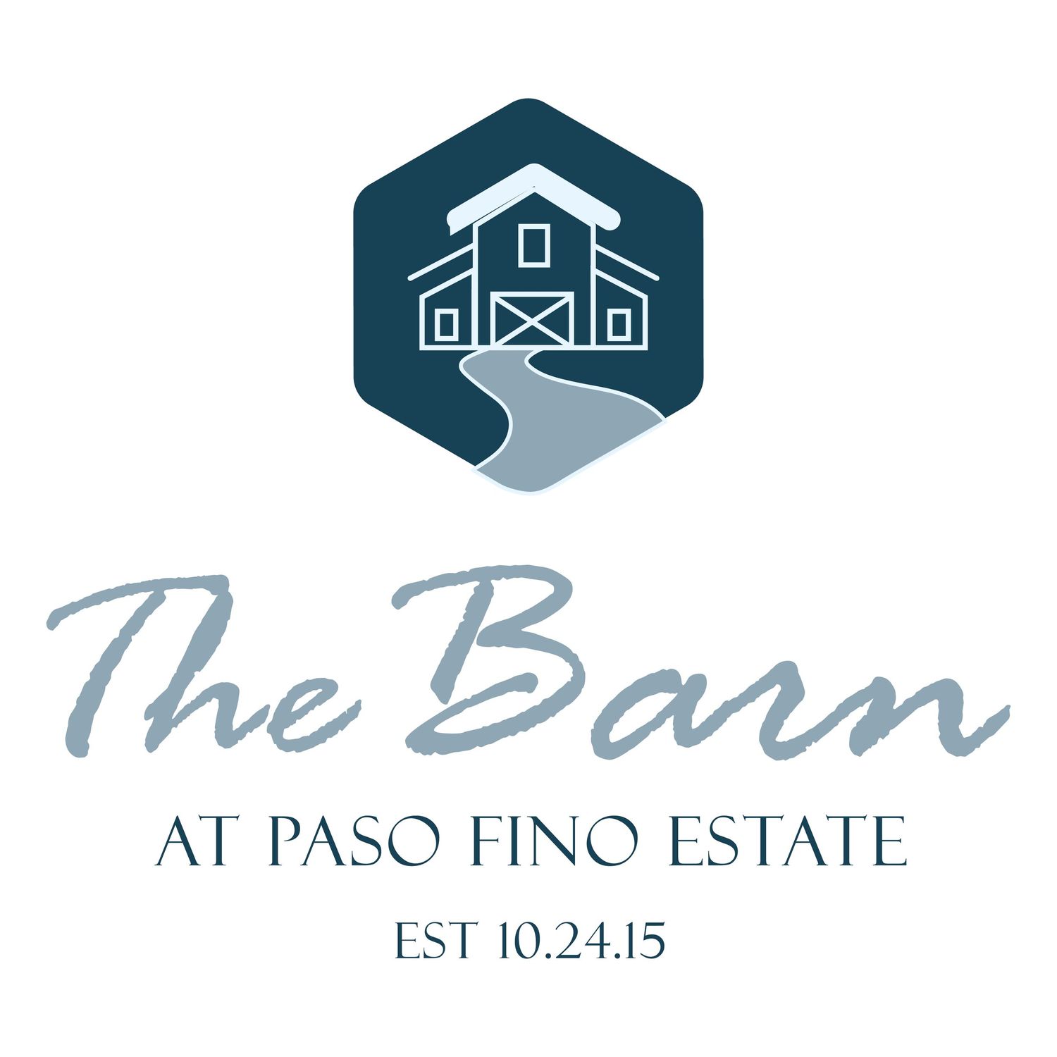 The Barn at Paso Fino Estate logo featuring a barn illustration in a hexagon, established 10.24.15.