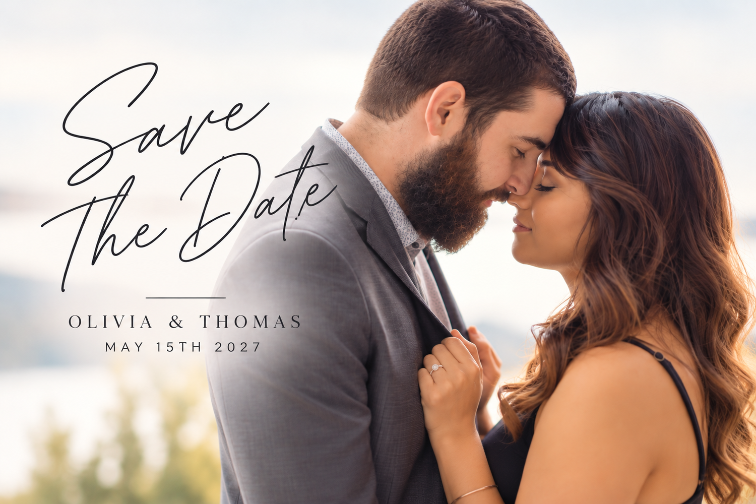 Elegant save the date card for Olivia and Thomas, May 15th 2027, featuring a romantic couple in formal attire.