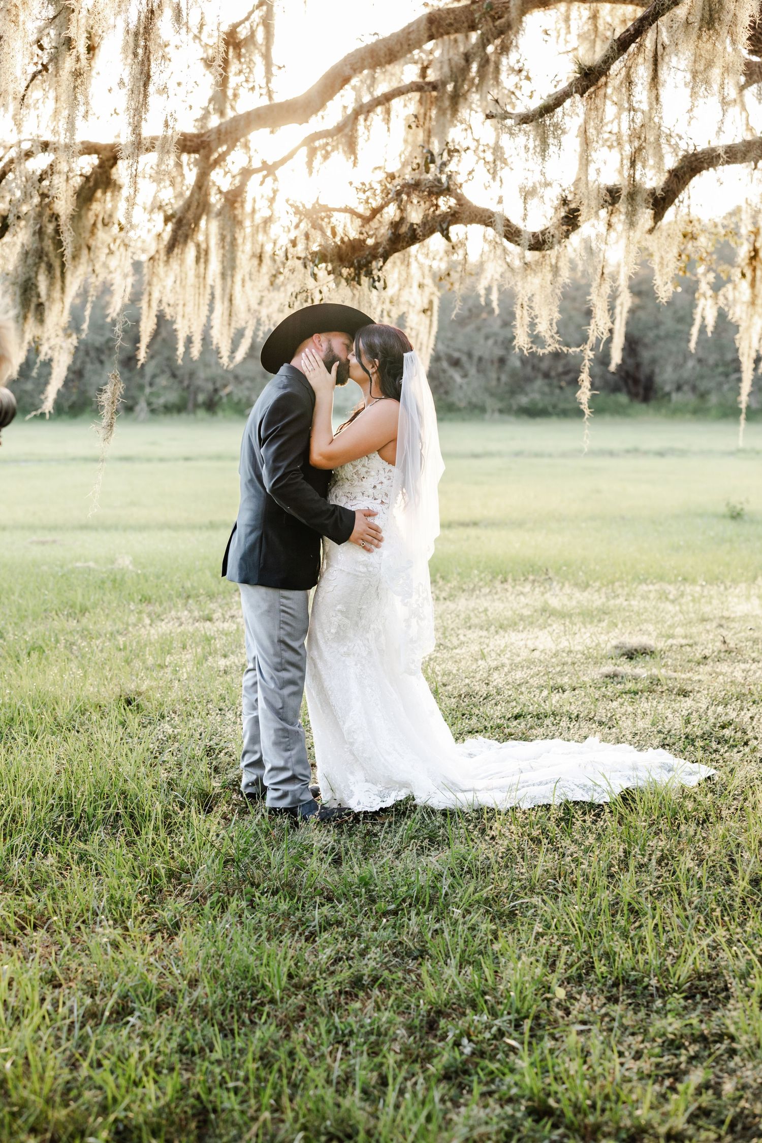 Bride and groom share romantic kiss under Spanish moss-draped oak tree in golden hour light.