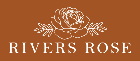 Rivers Rose brand logo featuring a white line-drawn rose on a warm terracotta brown background.