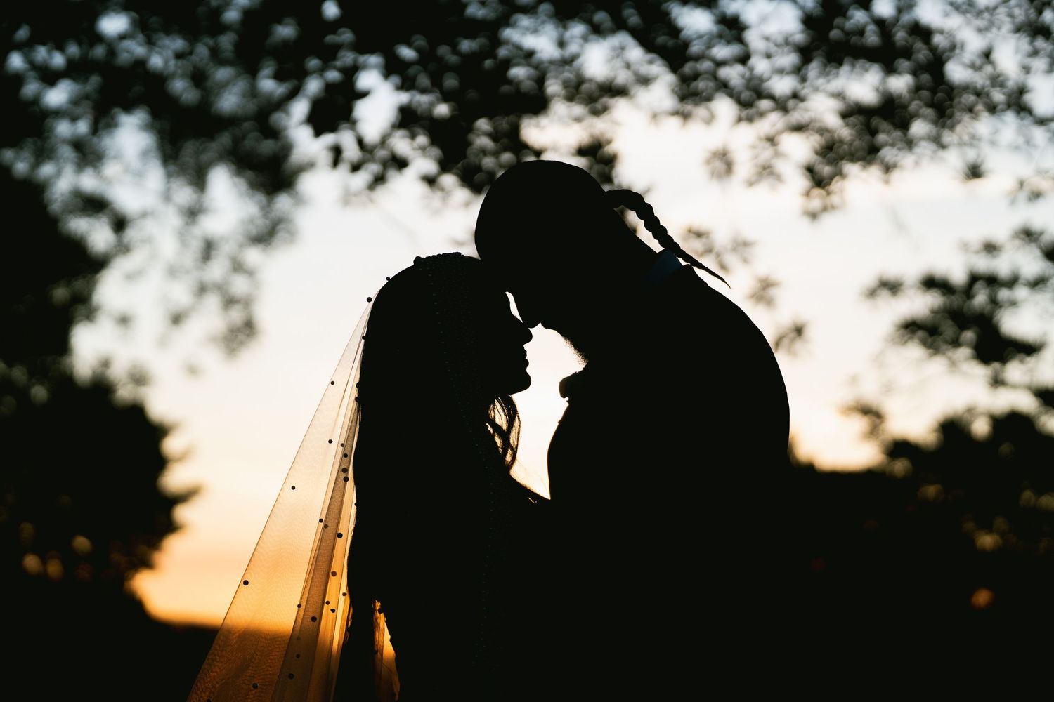 Silhouette of a bride and groom sharing a romantic moment at sunset, framed by trees.