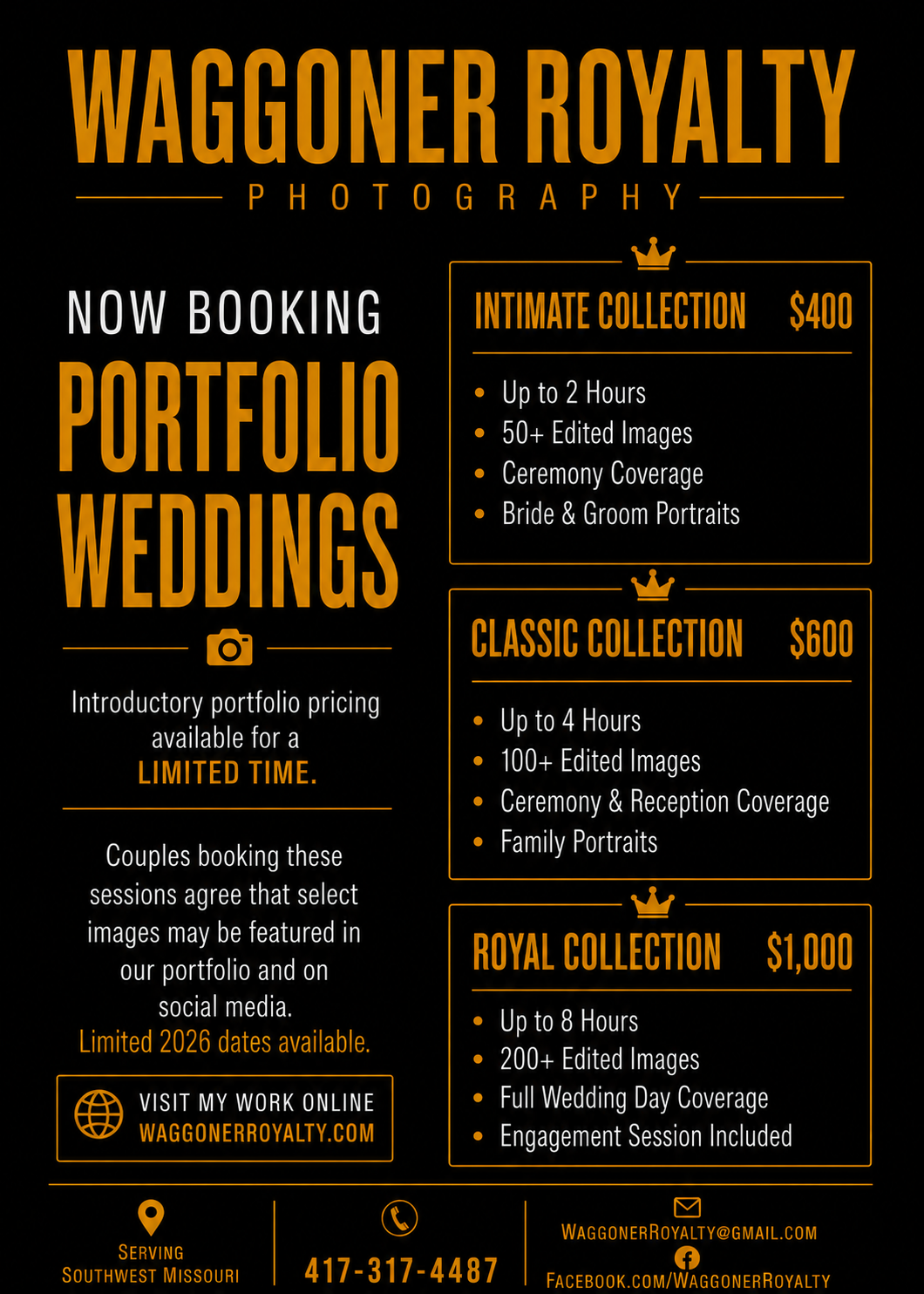 Waggoner Royalty Photography wedding packages flyer showing three collections priced from $400 to $1000 in Missouri.