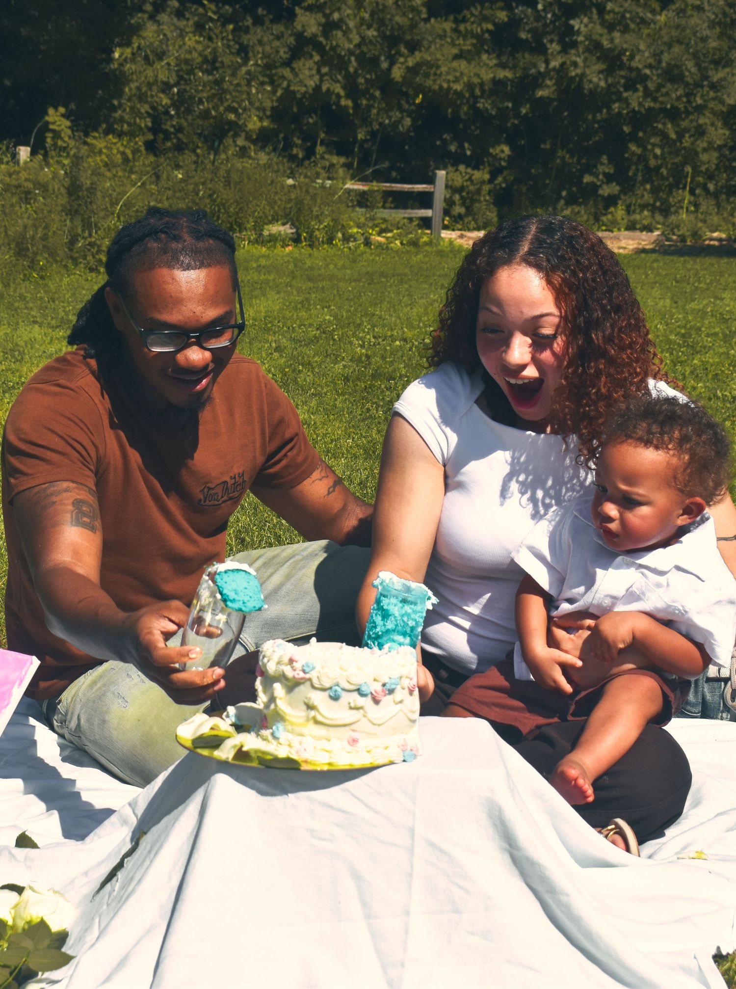 Family celebrating gender reveal with colorful smash cake on white blanket in sunny green park.