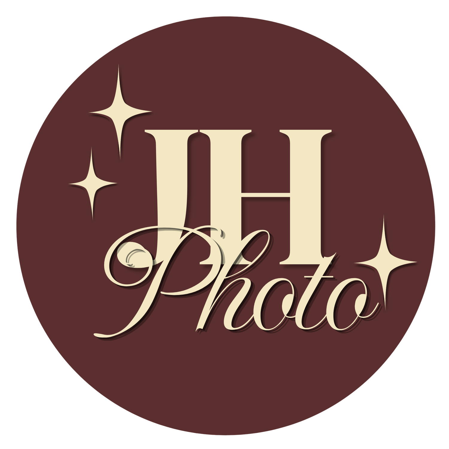 Elegant JH Photo logo with gold serif letters and sparkle accents on a deep burgundy circular background.