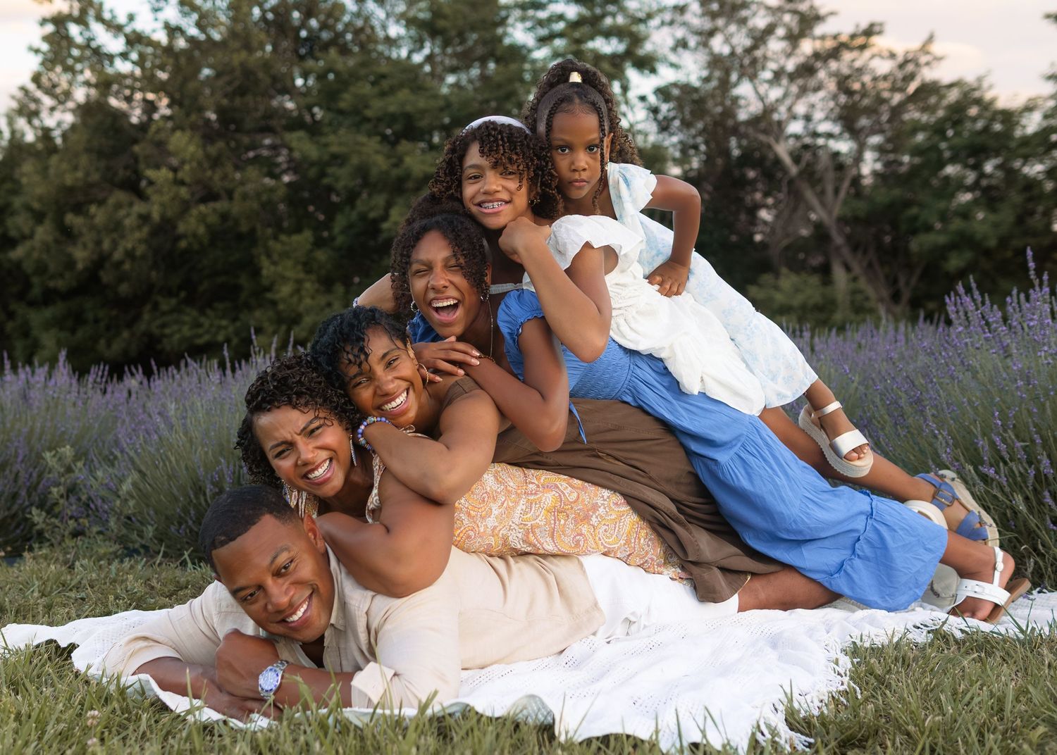 A joyful family of six poses outdoors on a blanket in a lavender field, stacking and laughing together.
