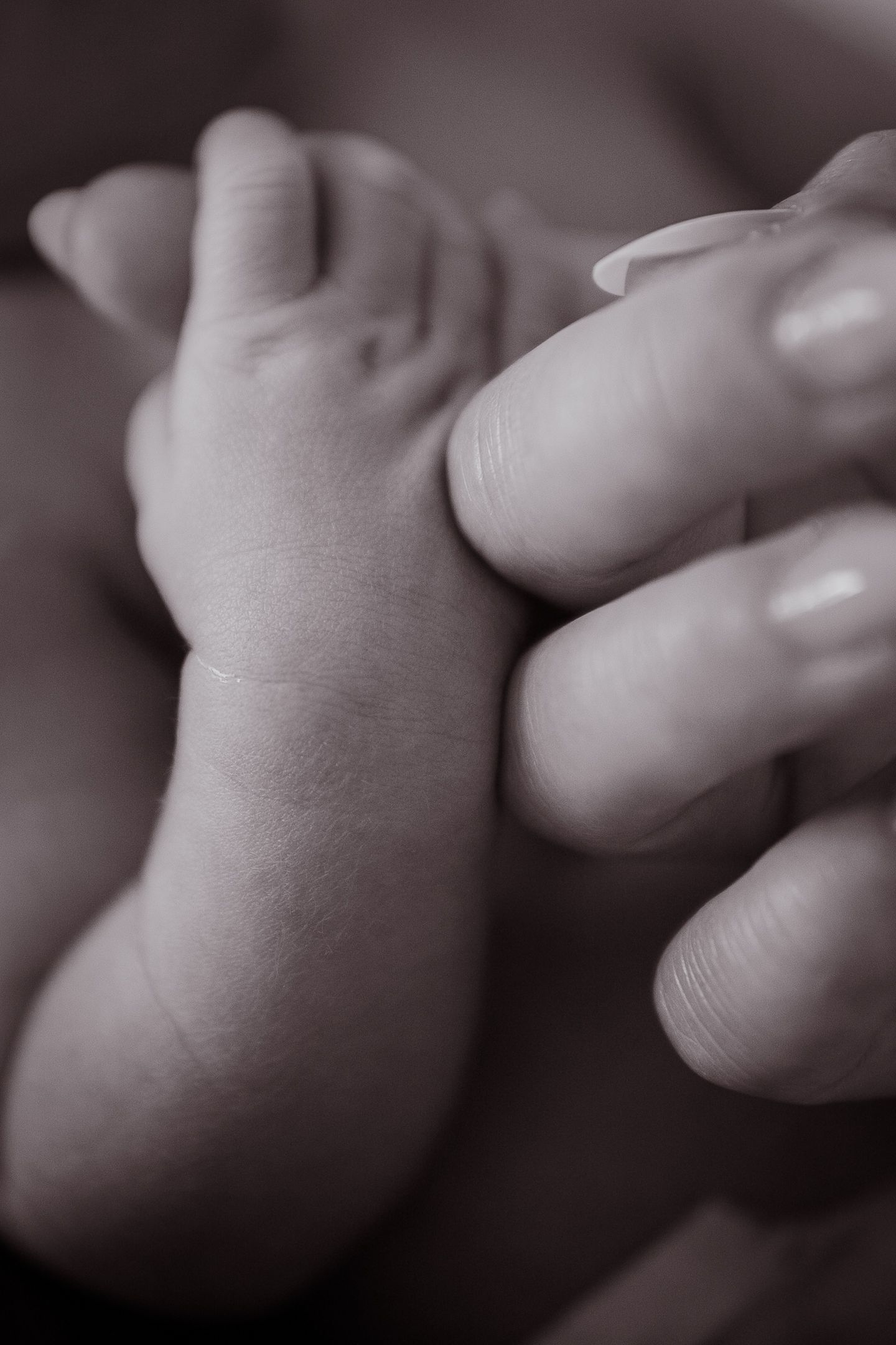 Close up artistic black and white details of tiny newborn baby fingers reaching out.