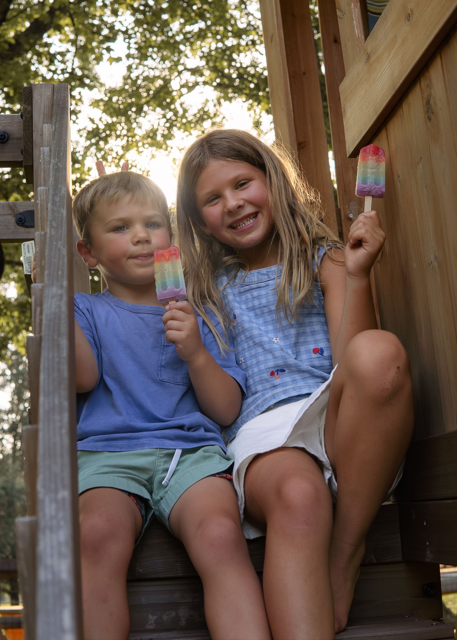 Two happy children hold colorful popsicles while sitting on wooden treehouse steps outdoors.