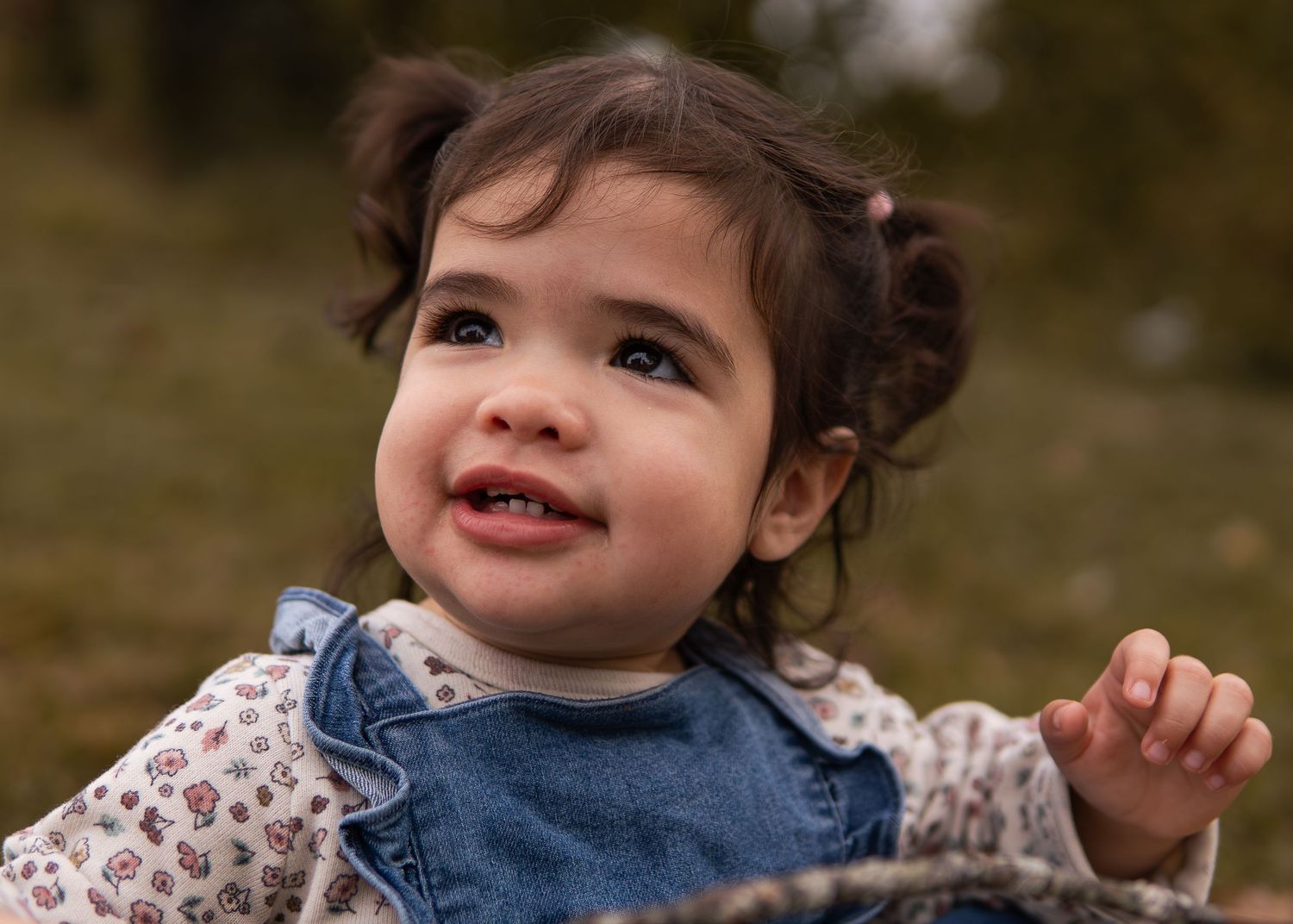 Adorable toddler girl with dark pigtails wearing a denim jumper, looking up curiously outdoors.