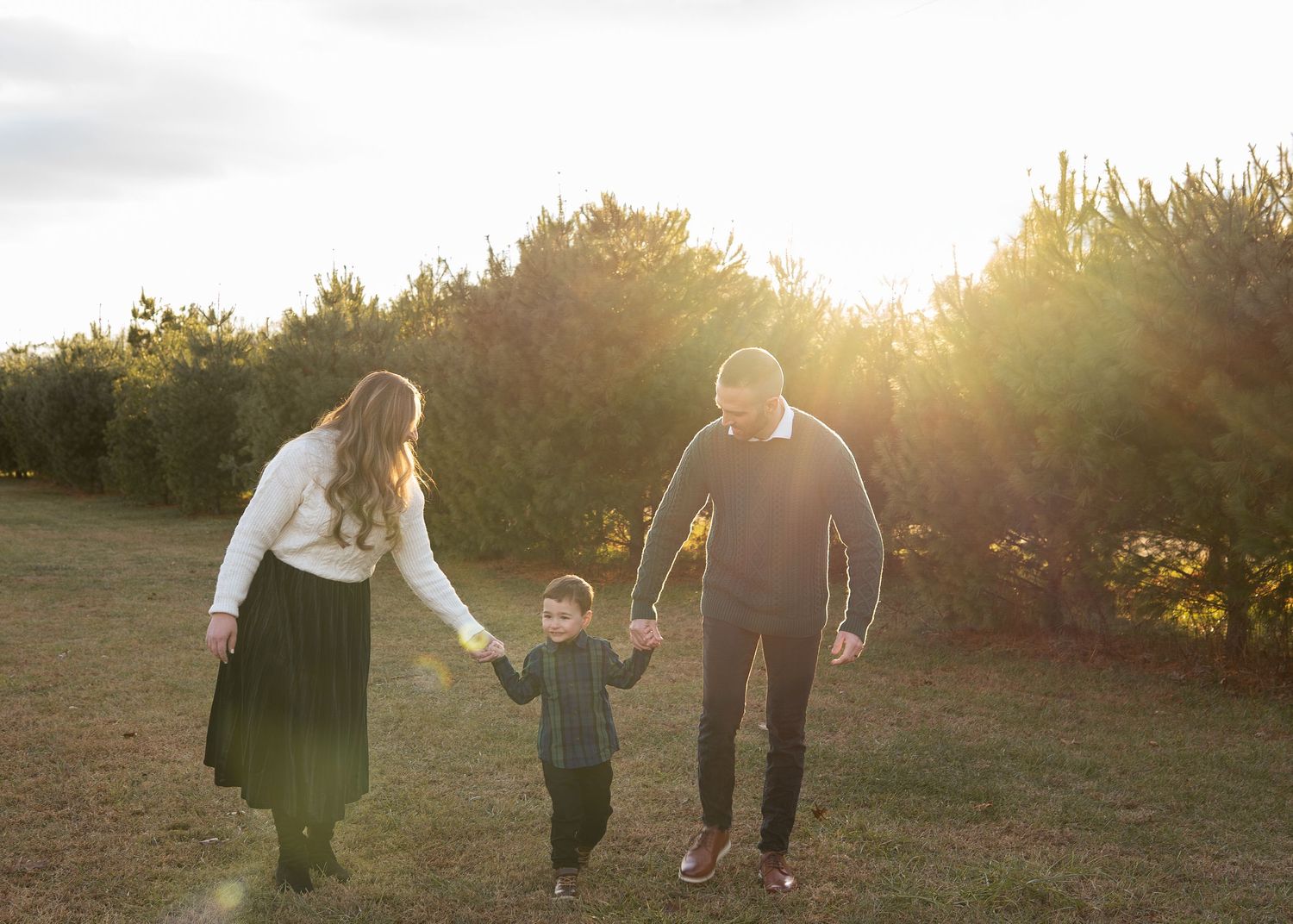 Family of three holding hands in a sunlit field at golden hour, with trees in the background.