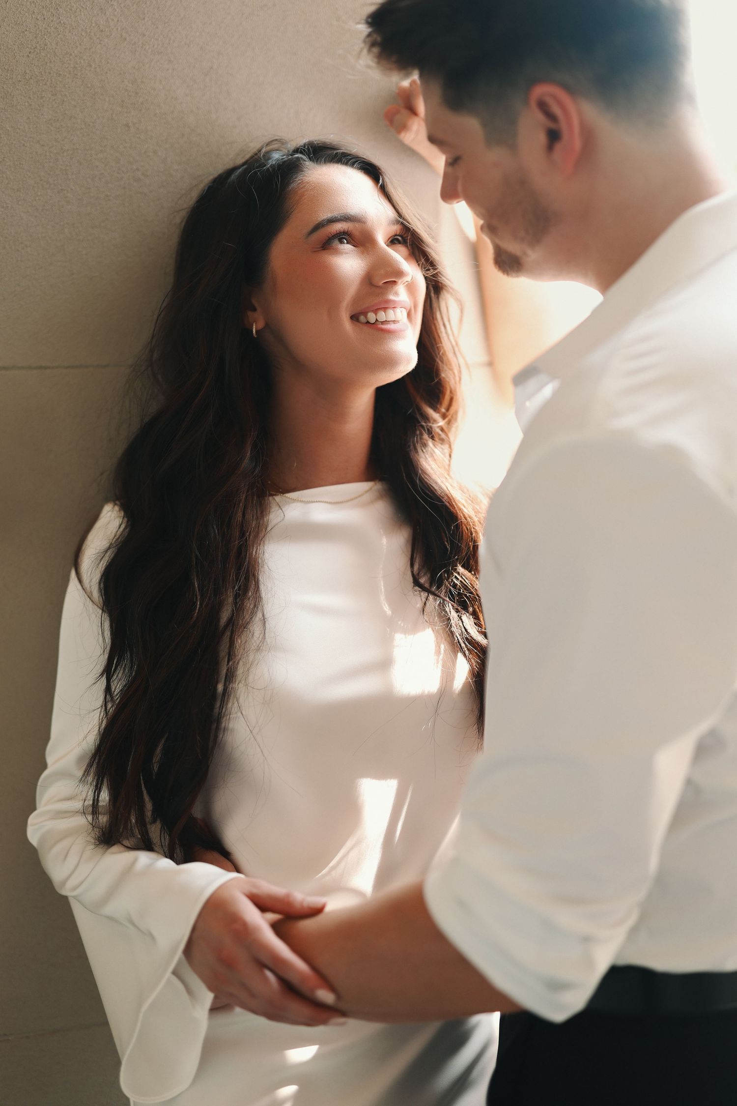 portrait of engaged couple in romantic cinematic embrace