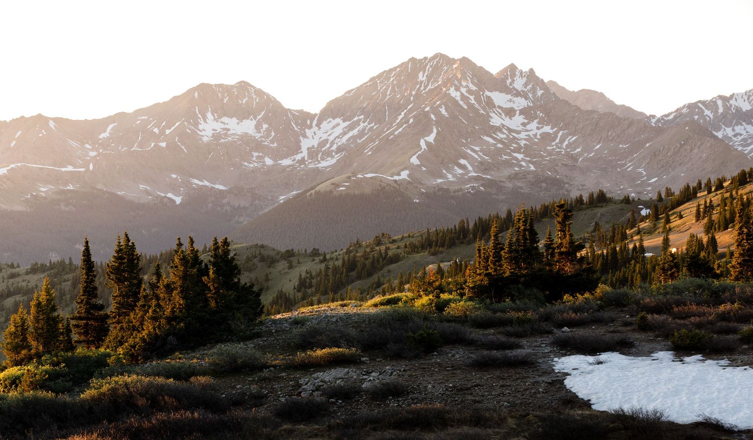 Snow-capped mountain peaks at sunset with golden alpine glow on evergreen forest, near Crested Butte, Colorado