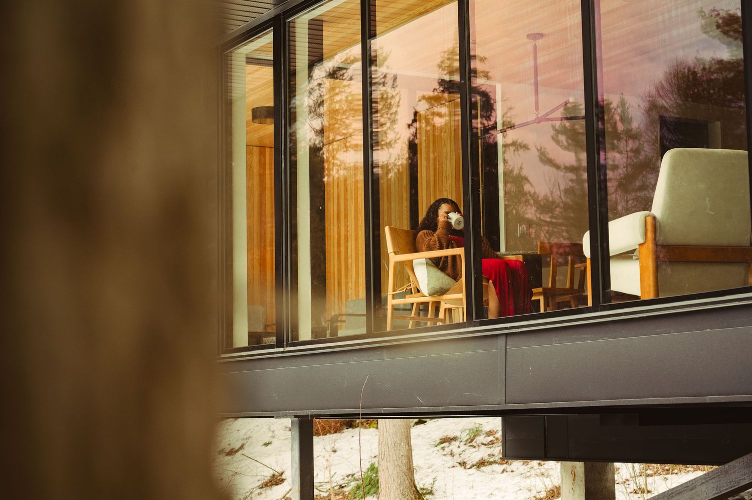 Person sitting in a modern glass-walled room with warm lighting, surrounded by trees in a serene setting.