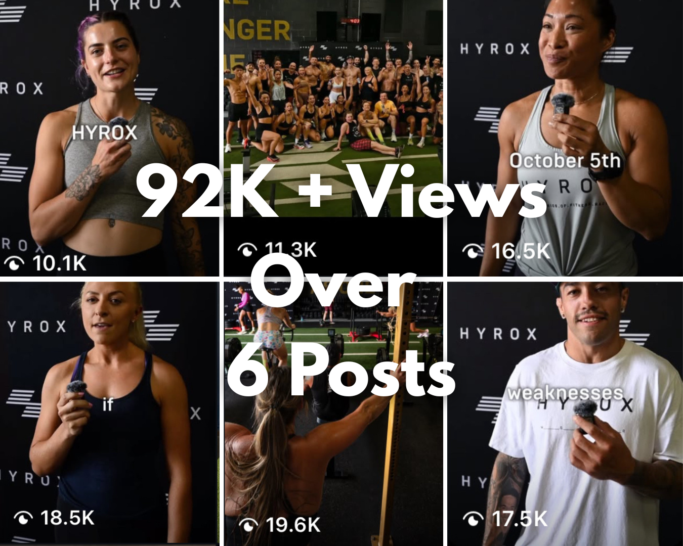 Grid layout of HYROX branded fitness content displaying view counts totaling 92K across multiple posts.