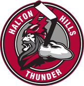 Halton Hills Thunder hockey team logo featuring a fierce Viking mascot with a red and gray circular design.