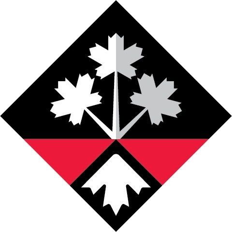 Diamond-shaped military badge featuring three white maple leaves on black field with red and white chevron base.