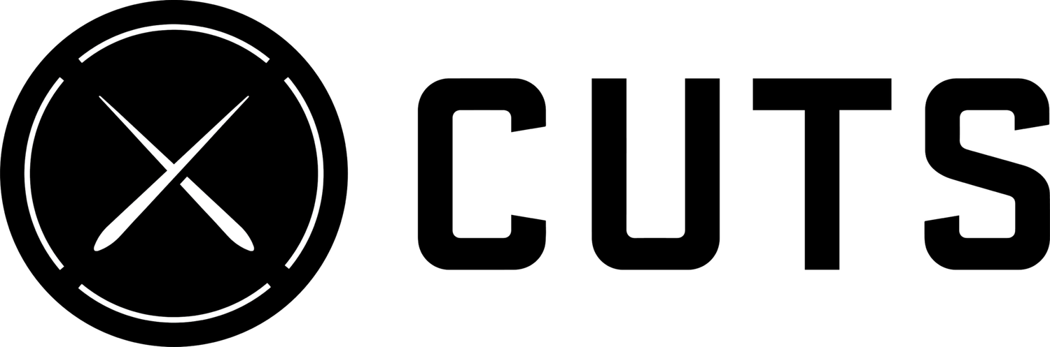 Black and white Cuts clothing brand logo featuring crossed scissors inside a circle next to bold CUTS text.
