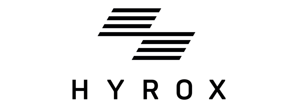 HYROX fitness competition brand logo featuring bold black text and dynamic parallel lines symbol on white background.