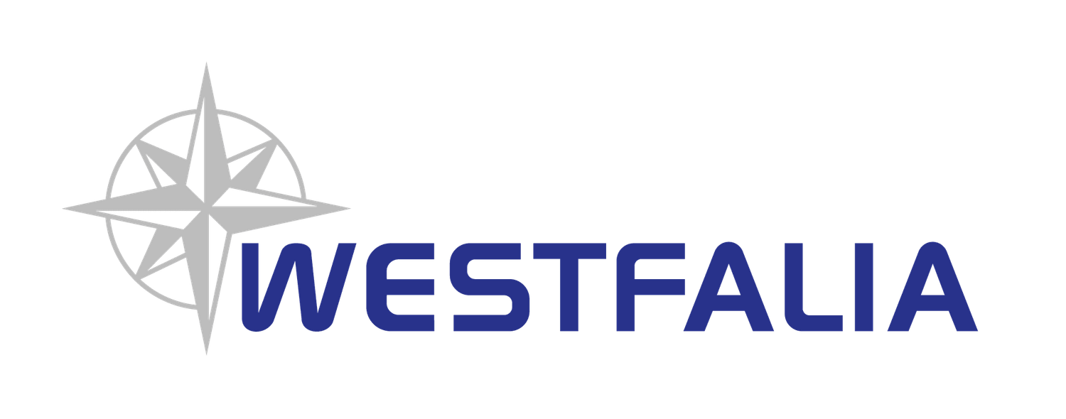 Westfalia brand logo featuring a compass rose icon in silver and bold navy blue text on white background.