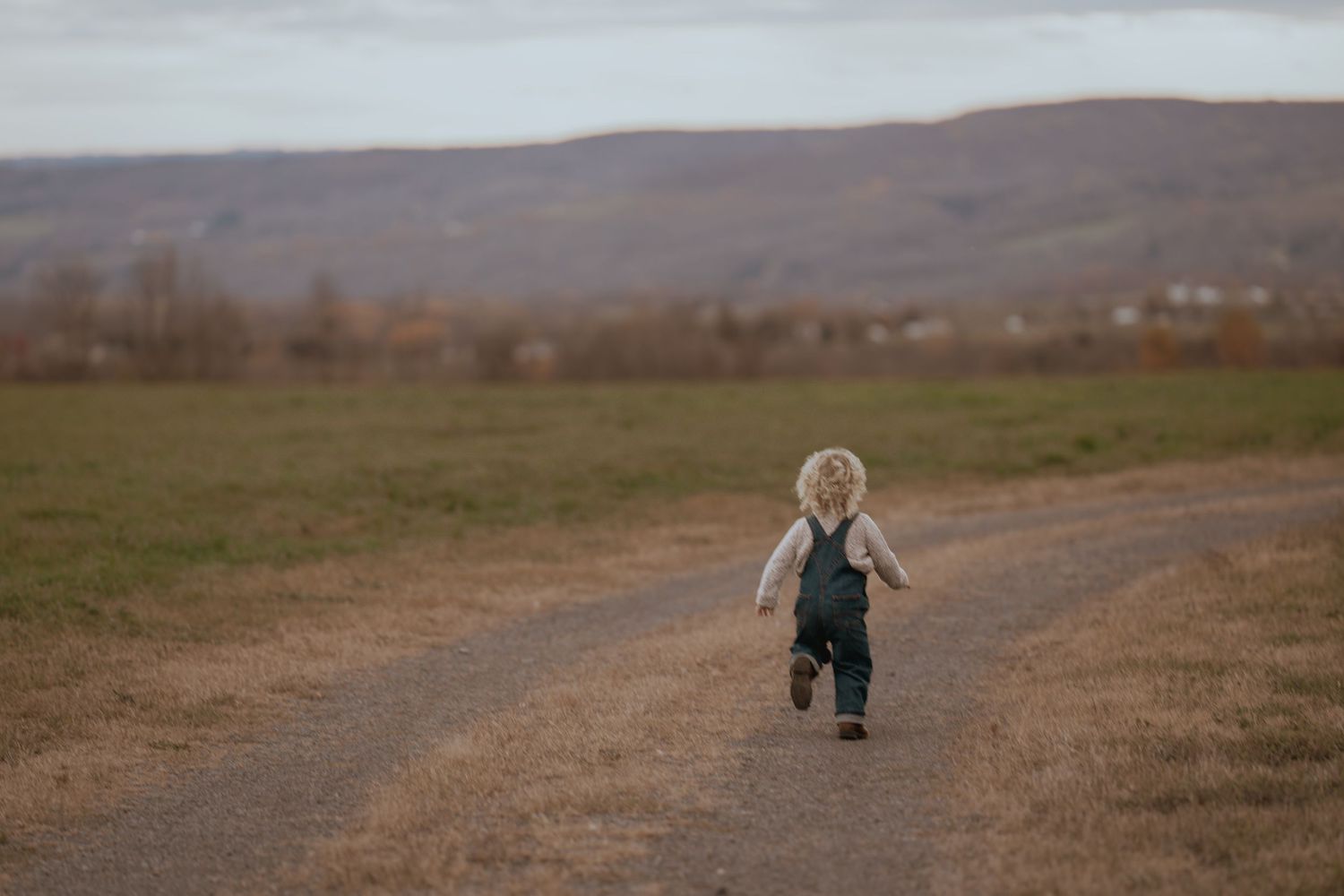 Small child running on dirt path through rural landscape.