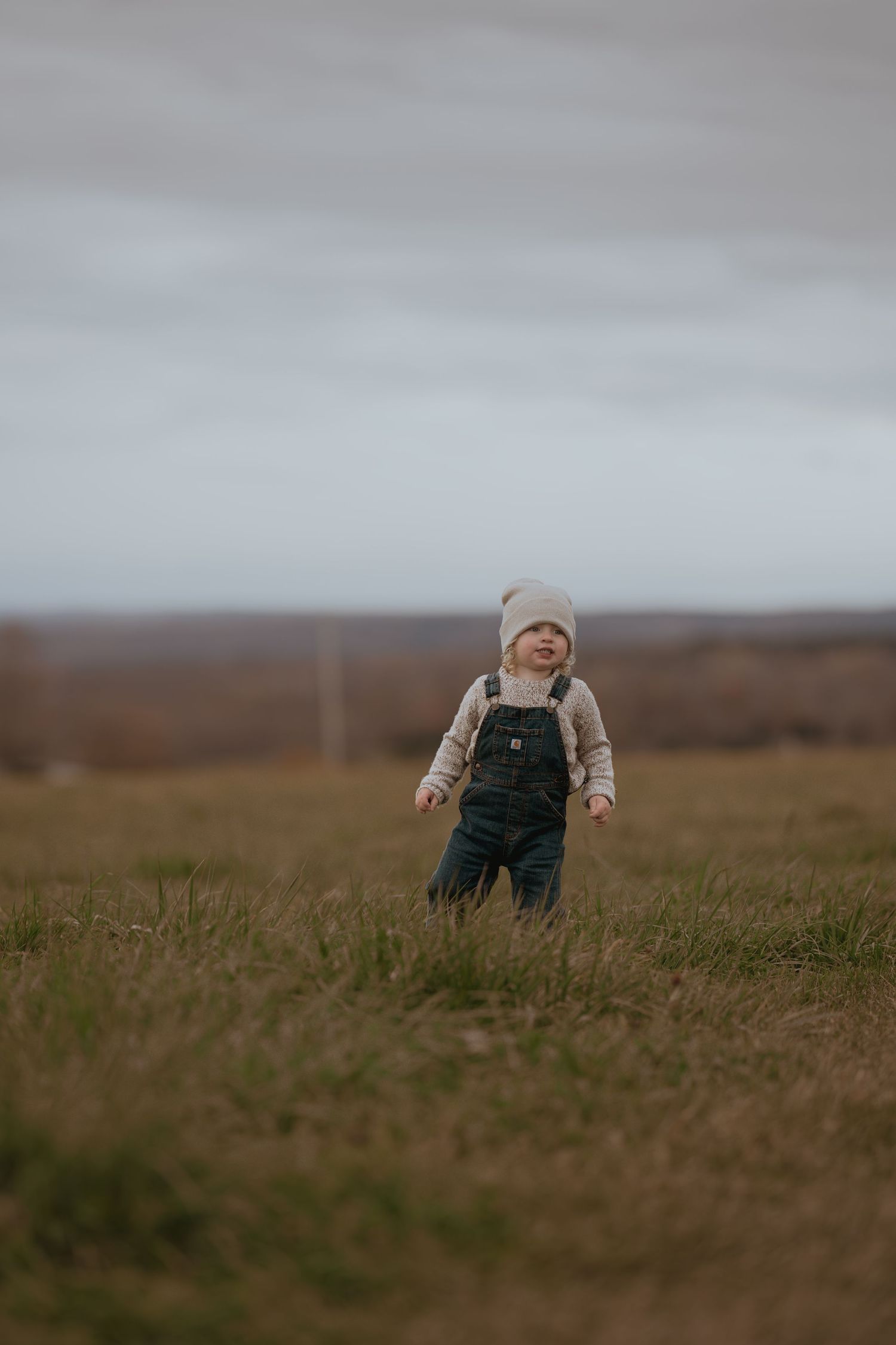 A small figure wearing overalls plays in a grassy field beneath cloudy skies.