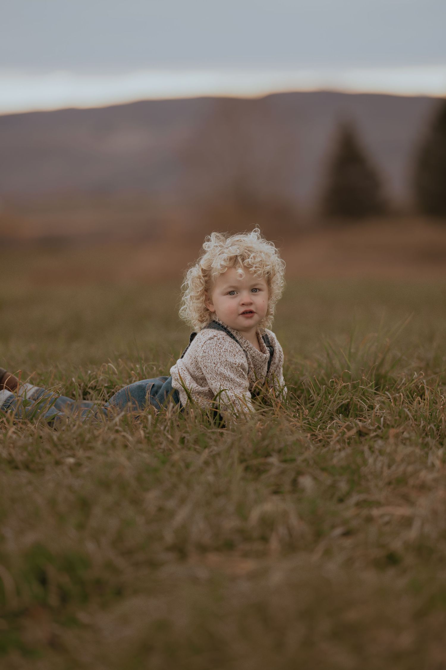 Laughter fills the meadow as a toddler explores the tall grass on an overcast day.