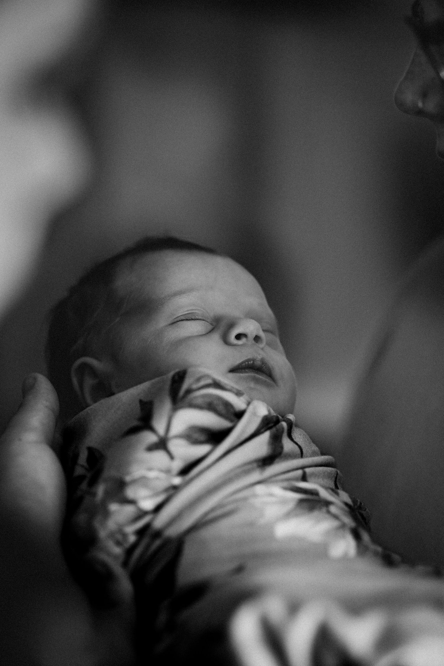 Artful black and white portrait of a sleeping newborn in soft lighting.
