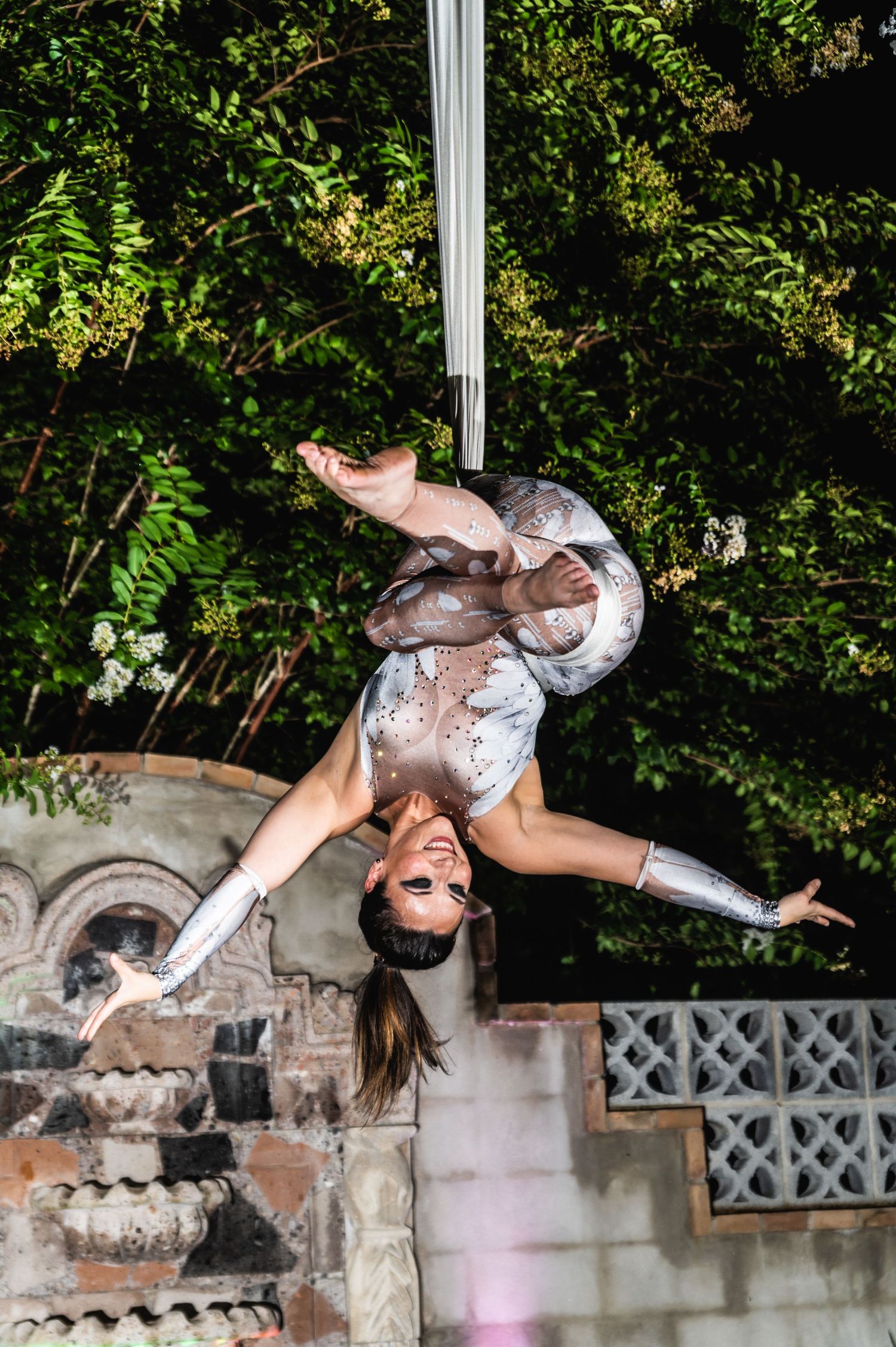 Aerial silk performer executes an inverted pose in silver costume against garden backdrop.