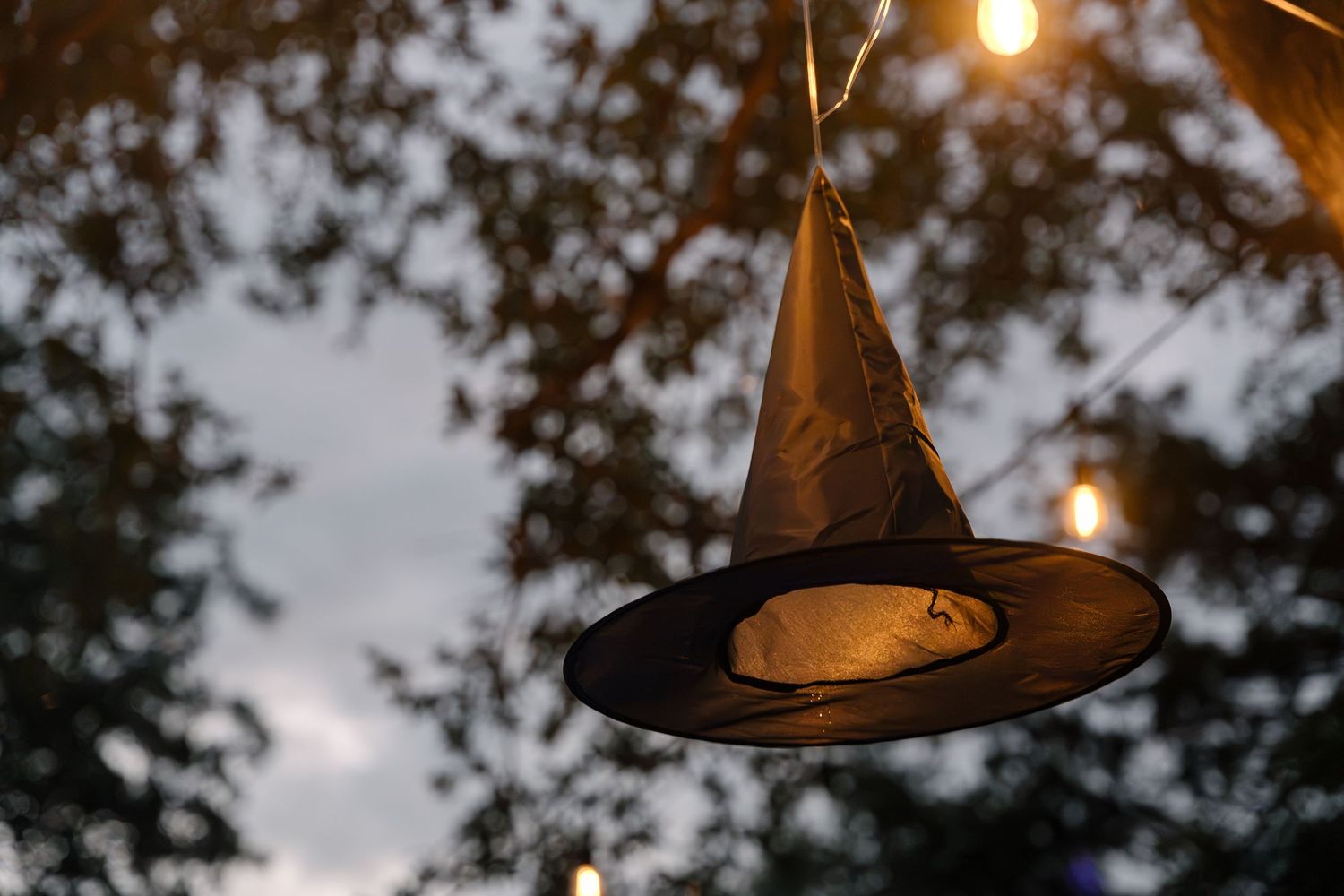 A decorative witch hat hanging from string lights against a dusky evening sky.