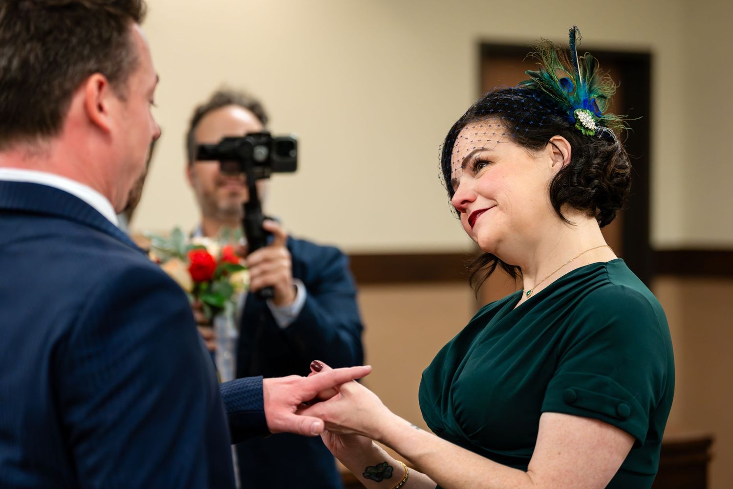 A couple shares emotional vows during their courthouse wedding ceremony.
