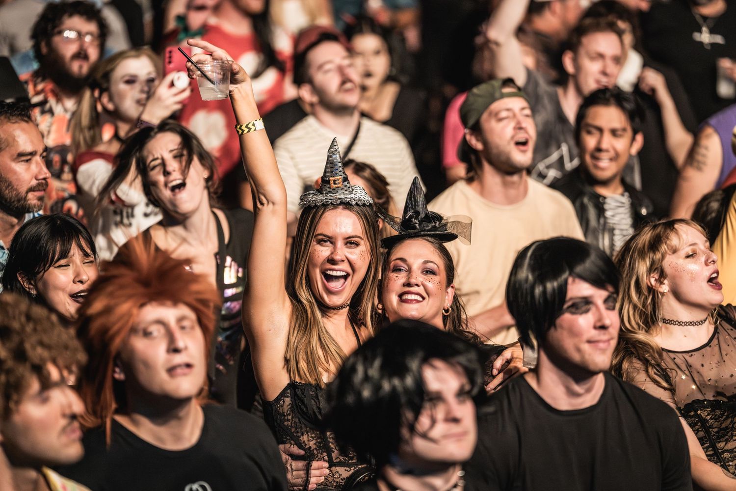 Energetic concert crowd cheering and singing along at a rock music event.
