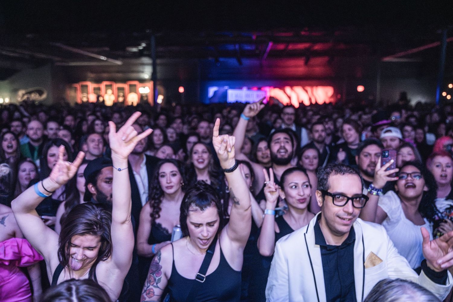 Energetic concert crowd with raised hands during live music performance.