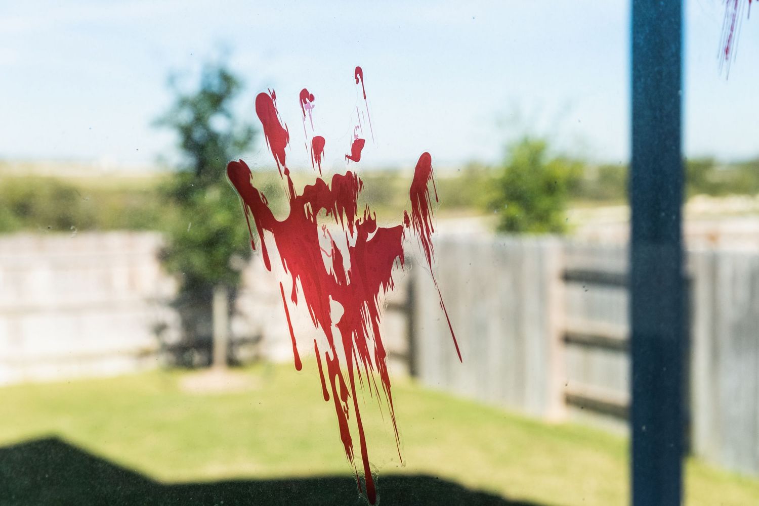 A bloody handprint smeared on a glass window pane with outdoor scenery visible.