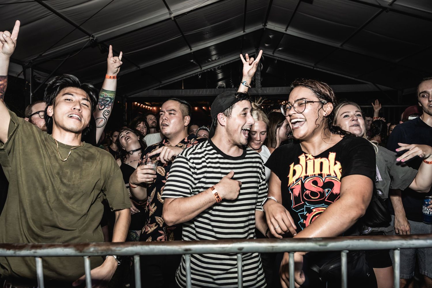 Energetic crowd at a rock concert raising their hands and making rock gestures against metal barriers.