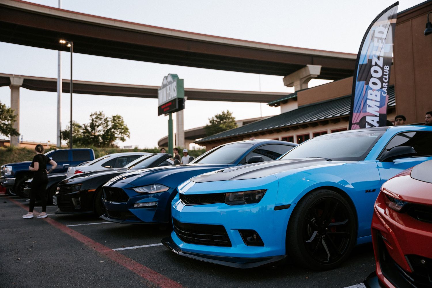 Line of modified Chevrolet Camaros parked under an overpass at sunset.
