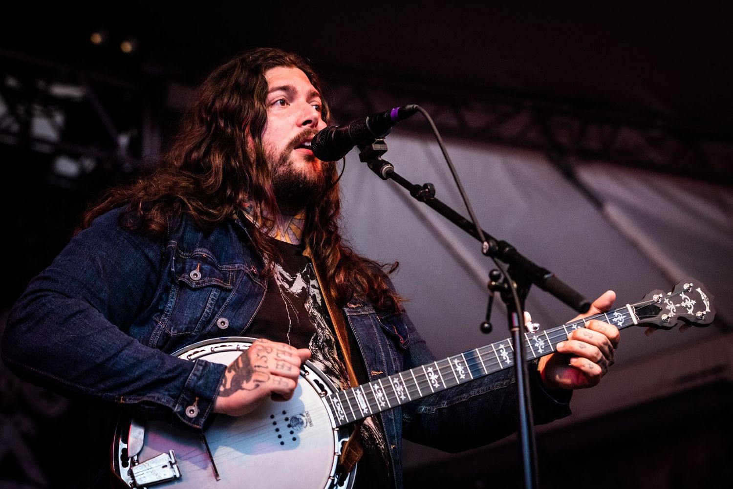Musician performing on stage with a banjo during a live concert in dramatic lighting.