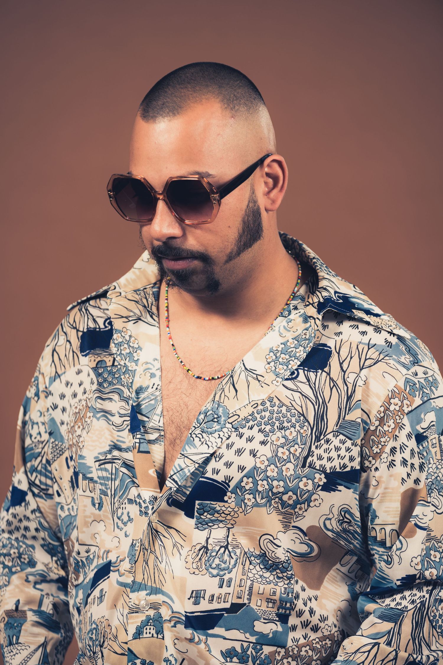 A casual portrait featuring a blue and white patterned shirt and sunglasses against a brown backdrop.