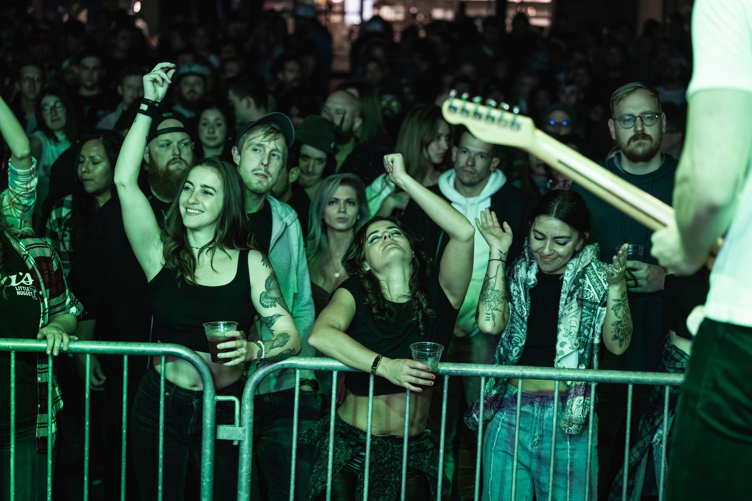 Excited fans reaching over barrier during concert with green stage lighting.