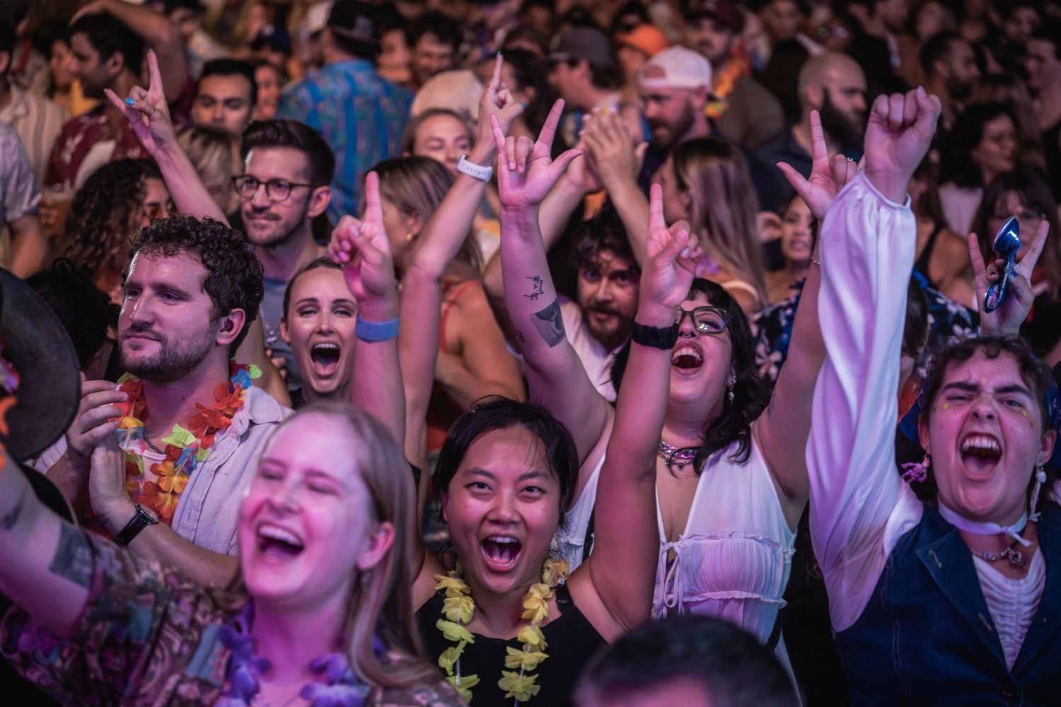 Excited concert crowd cheers and raises hands during a live performance in a packed venue.