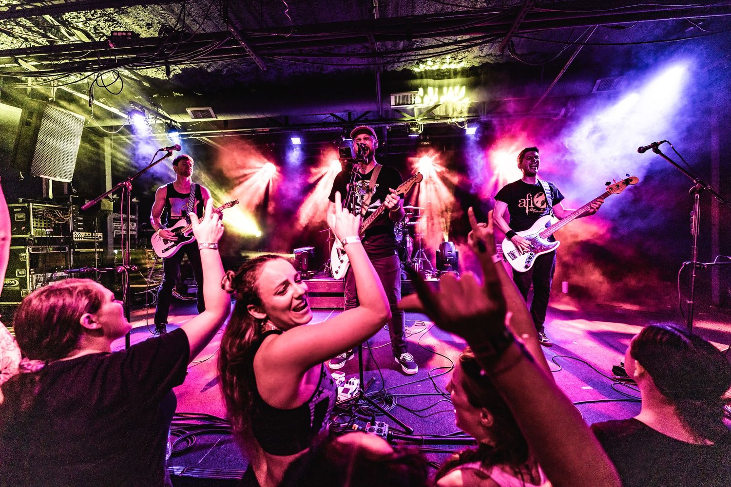 Energetic concert scene with performers and crowd bathed in vibrant purple and red lighting.