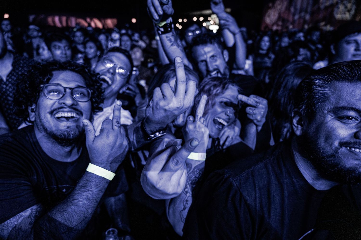 Excited concert crowd cheering with raised hands and rock signs at a live music festival event.