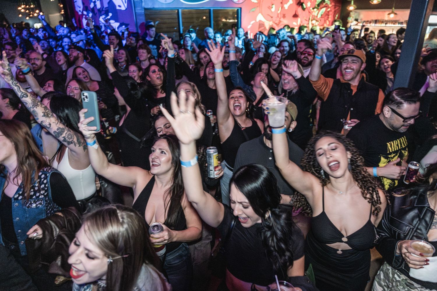 Concert audience with raised hands dancing and cheering at a nightclub with ambient lighting.