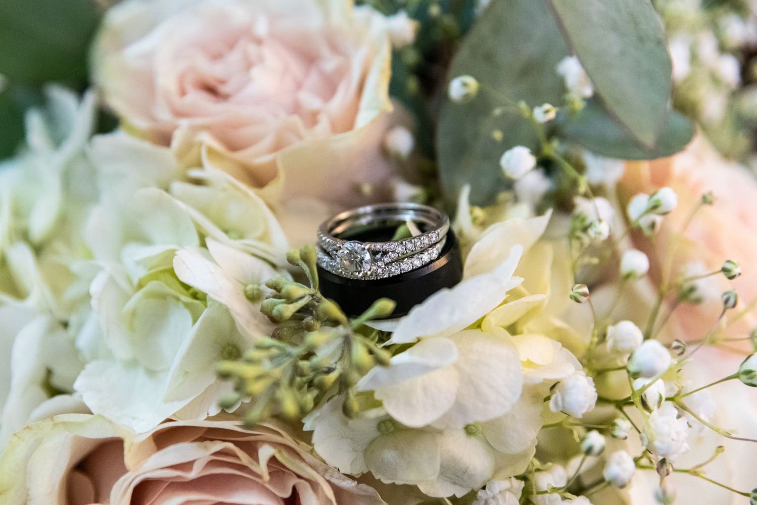Detailed shot of wedding rings nestled among pink and white roses with greenery.